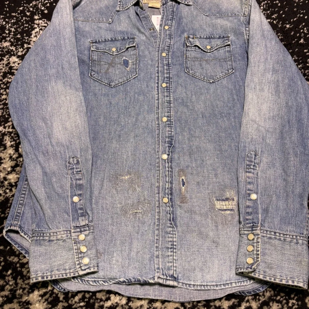 Polo Ralph Lauren Mens Distressed Denim Western Shirt Light Wash Pearl Snap M